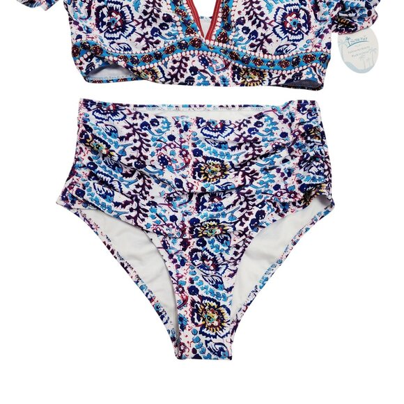 Womens Soucrat Ruffled V-Neck Bikini Set High-Waist Floral Swimsuit S Multicolor - Picture 5 of 7